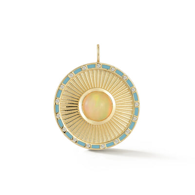 Kate Colins 14k yellow gold round disc charm. Ribbed texture with opal blue and diamonds enamel, 'Clarity' debbossed on the back.
