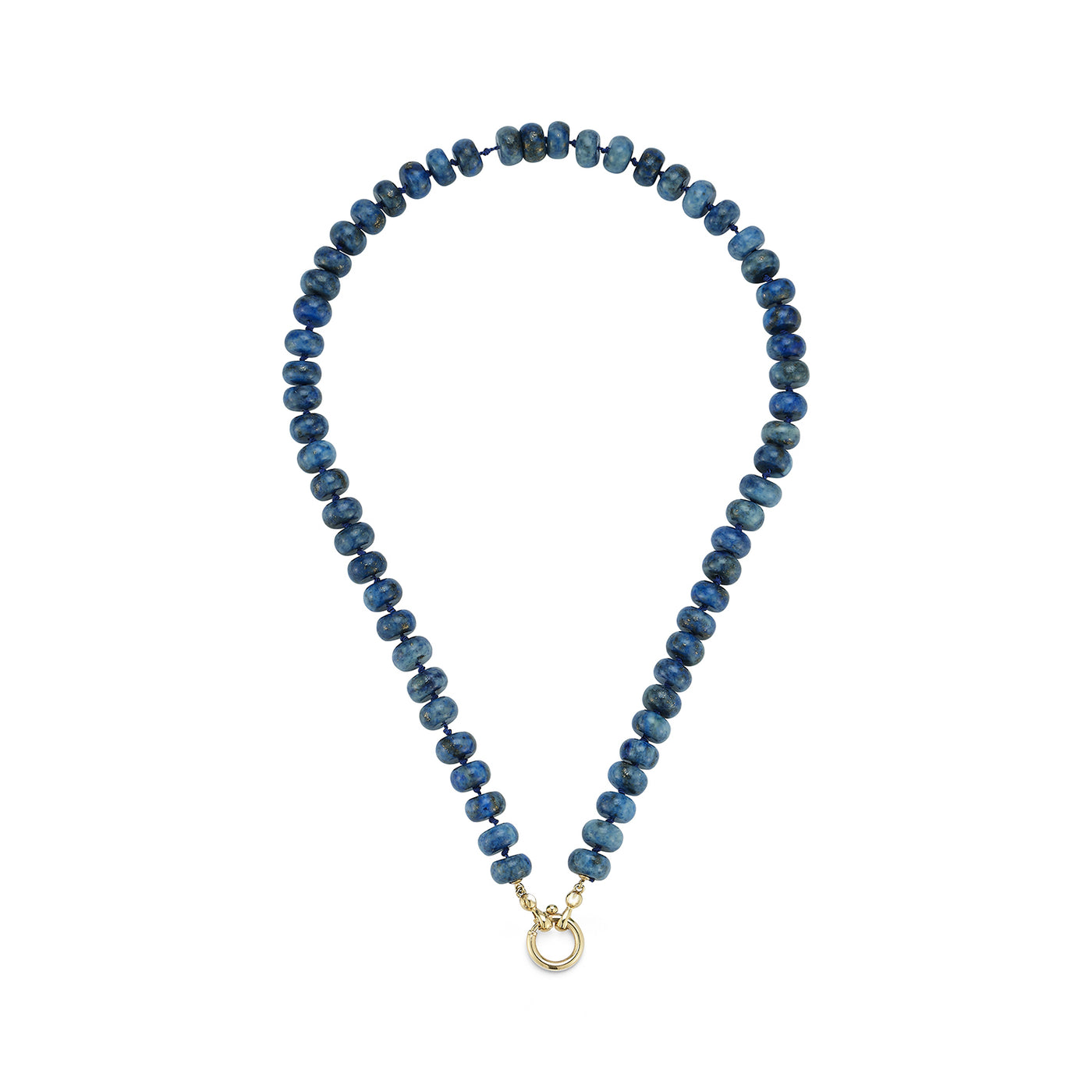 Kate Collins 16" lapis beads strung on knotted blue silk necklace with 14k gold hinge clasp