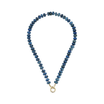 Kate Collins 16" lapis beads strung on knotted blue silk necklace with 14k gold hinge clasp