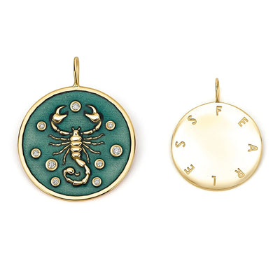 Kate Collins 14k yellow gold pendant scorpion green enamel bezel set diamonds fearless Scorpio charm