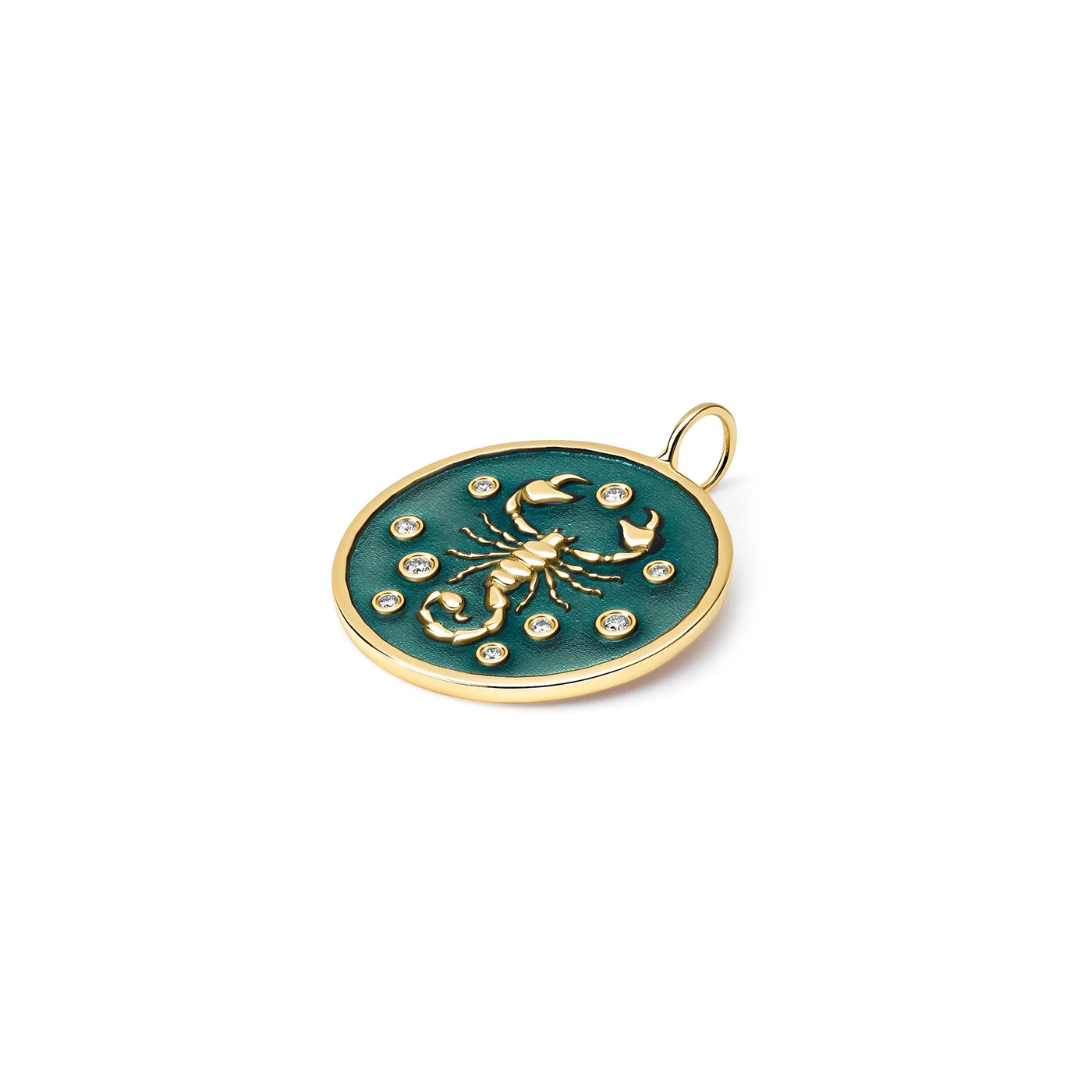 Kate Collins 14k yellow gold pendant scorpion green enamel bezel set diamonds fearless Scorpio charm