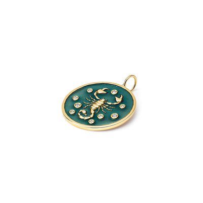 Kate Collins 14k yellow gold pendant scorpion green enamel bezel set diamonds fearless Scorpio charm