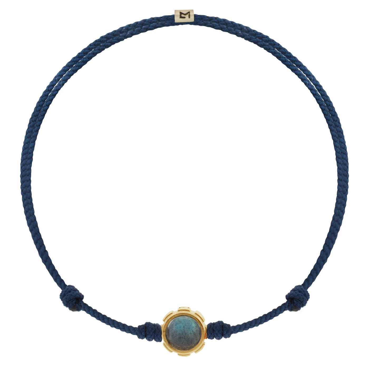 Luis Morais 14k Yellow gold rotary bead with a cabochon labradorite collar on an adjustable navy blue silk cord bracelet