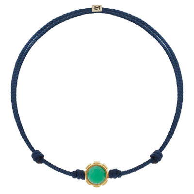 Luis Morais 14k Yellow gold rotary bead with a chrysoprase collar on an adjustable navy blue silk cord bracelet