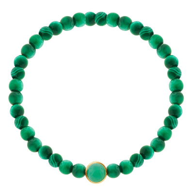 Luis Morais 14k Yellow gold collared bead with a malachite chrysoprase gemstone and a faceted gemstone on a stretchy beaded bracelet