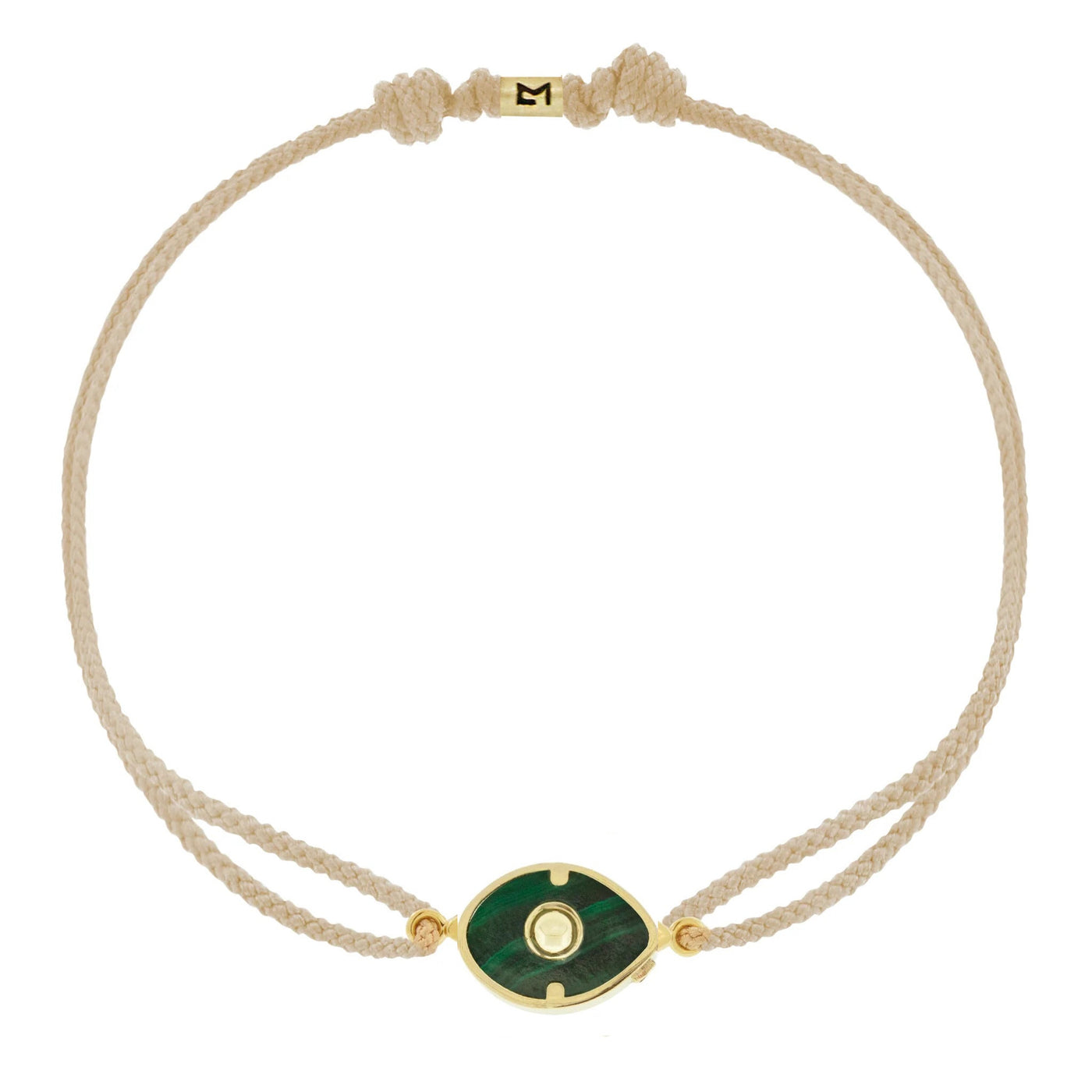 Luis Morais 14k yellow gold framed malachite evil eye on a taupe adjustable silk cord bracelet