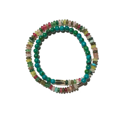 Luis Morais 14k gold small and large hexagon twisted tubes on a double wrap, multicolor beaded stretchy bracelet