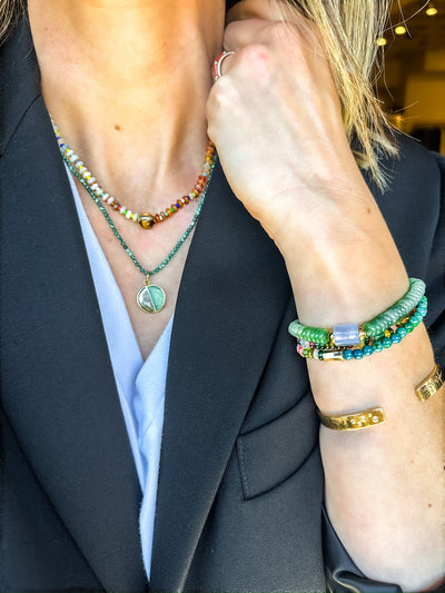 Luis Morais 14k gold small and large hexagon twisted tubes on a double wrap, multicolor beaded stretchy bracelet