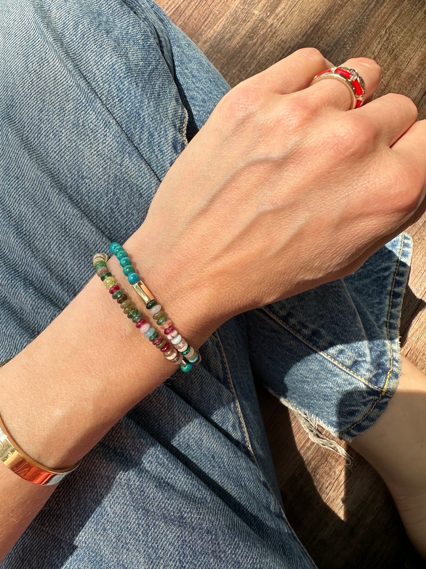 Luis Morais 14k gold small and large hexagon twisted tubes on a double wrap, multicolor beaded stretchy bracelet