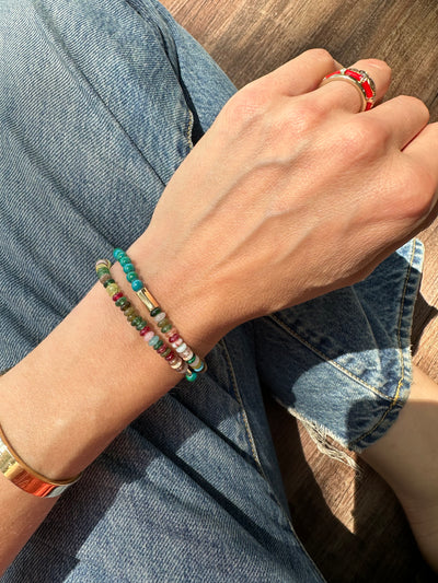 Luis Morais 14k gold small and large hexagon twisted tubes on a double wrap, multicolor beaded stretchy bracelet