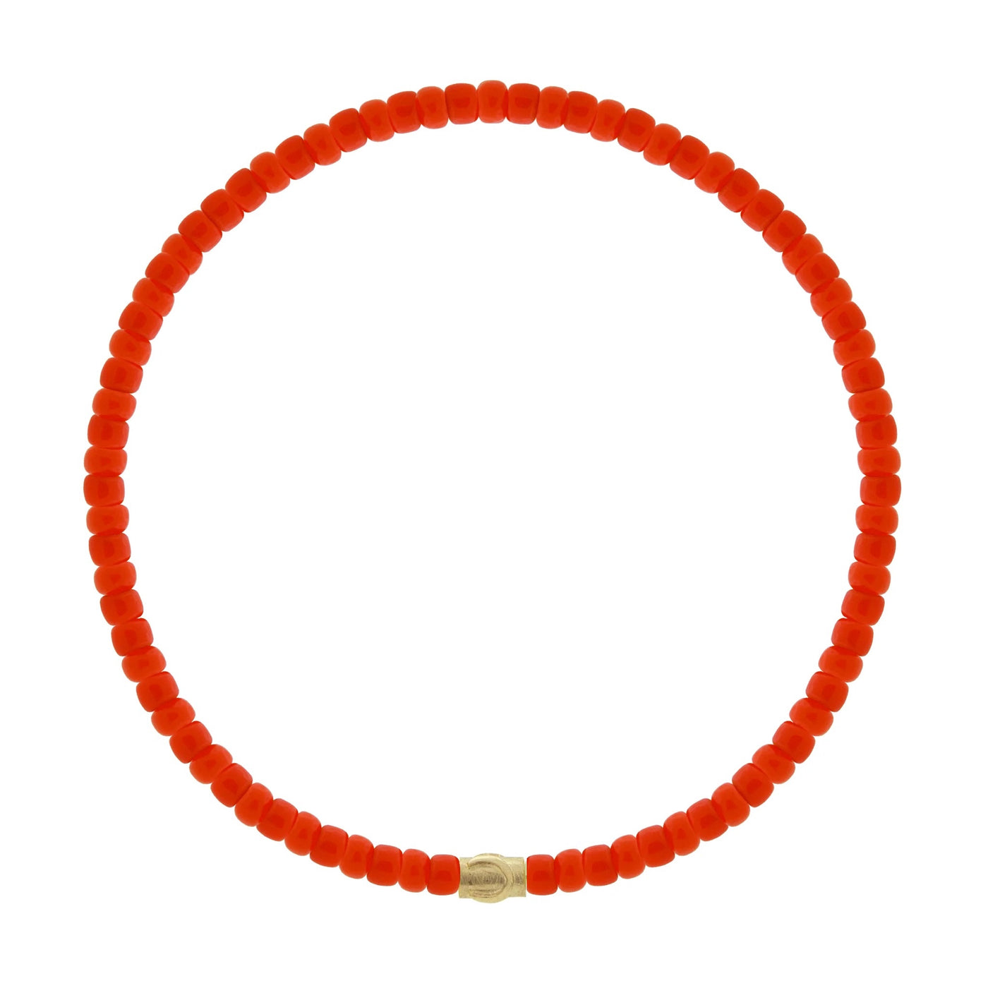 Luis Morais 14 yellow gold tiny horseshoe symbol spacer bead on a red glass beaded bracelet