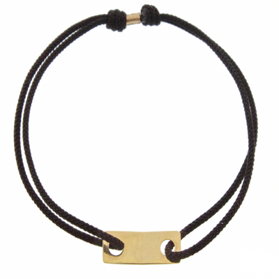 Luis Morais 14k yellow gold ID plate bracelet on an adjustable silk cord