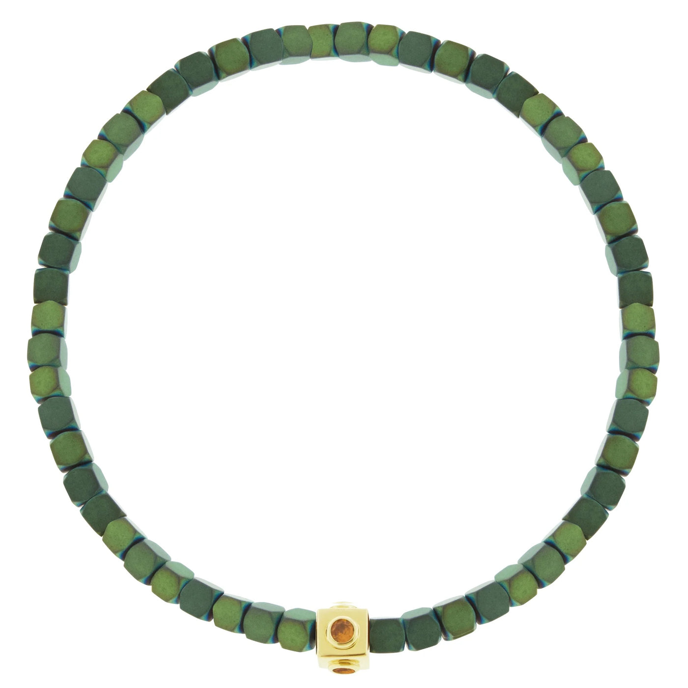 Luis Morais 14k yellow gold small lego cube with multicolor sapphires on a stretchy green hematit beaded bracelet.