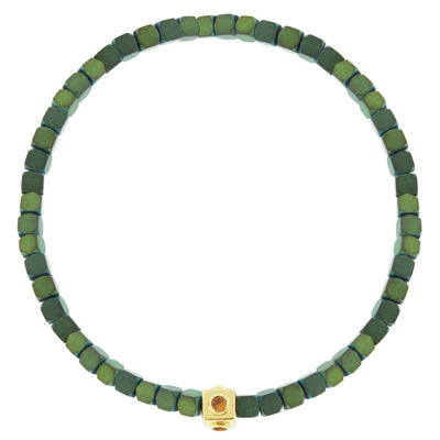 Luis Morais 14k yellow gold small lego cube with multicolor sapphires on a stretchy green hematit beaded bracelet.