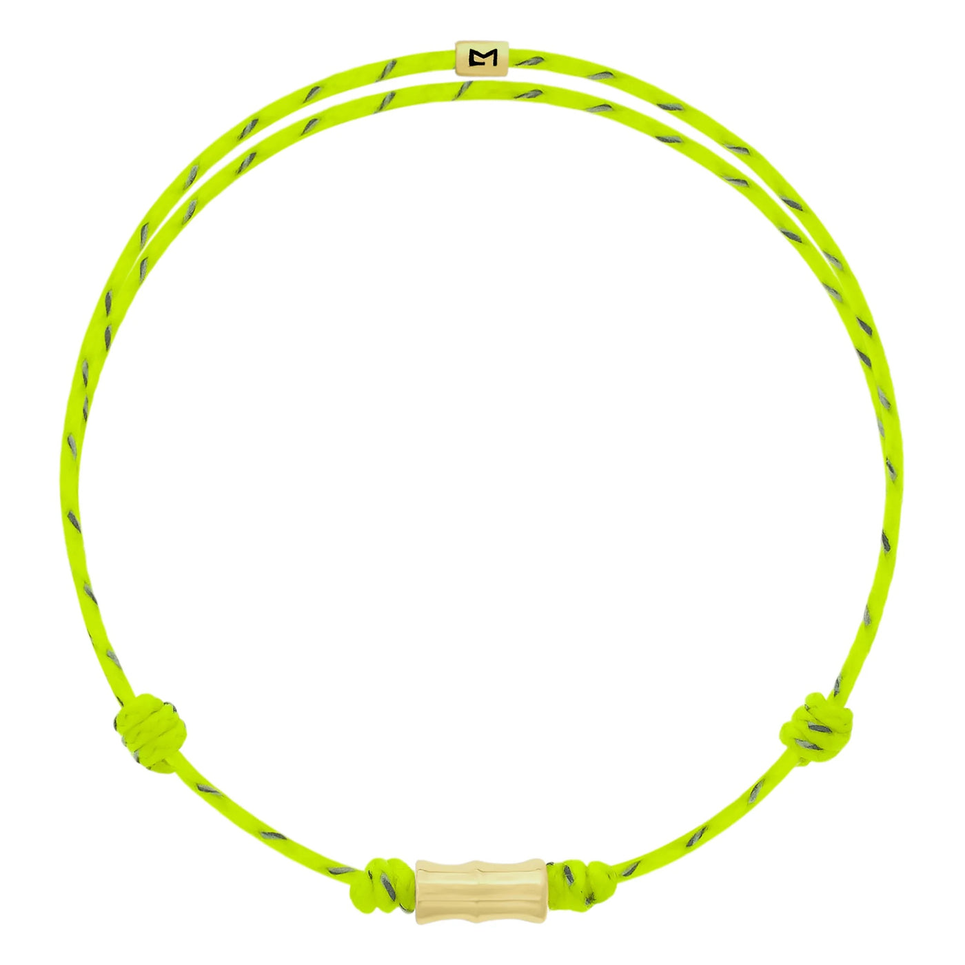 Luis Morais 14k yellow gold bamboo bead spacer on a neon green adjustable cord bracelet