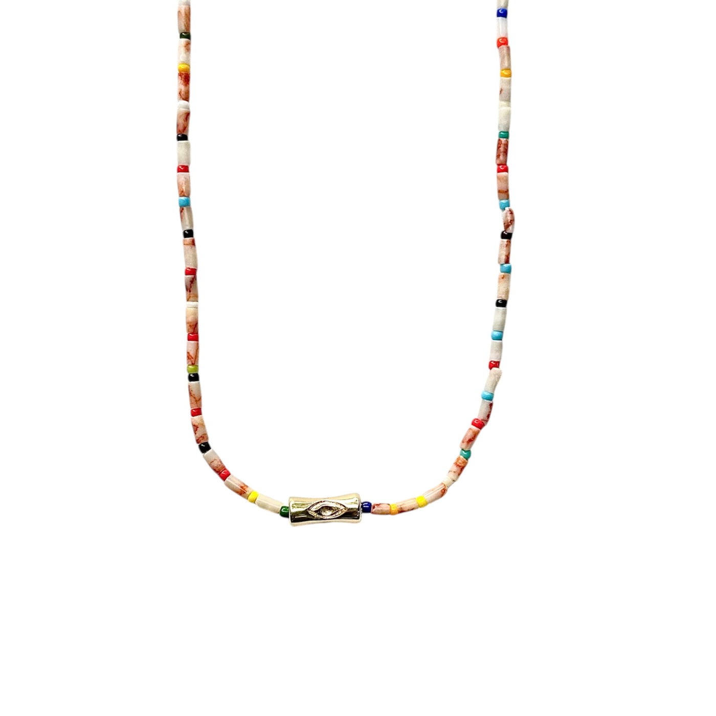 Luis Morais 14k yellow gold sheath bead with evil eye on a picasso jasper and rainbow glass bead necklace