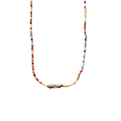 Luis Morais 14k yellow gold sheath bead with evil eye on a picasso jasper and rainbow glass bead necklace