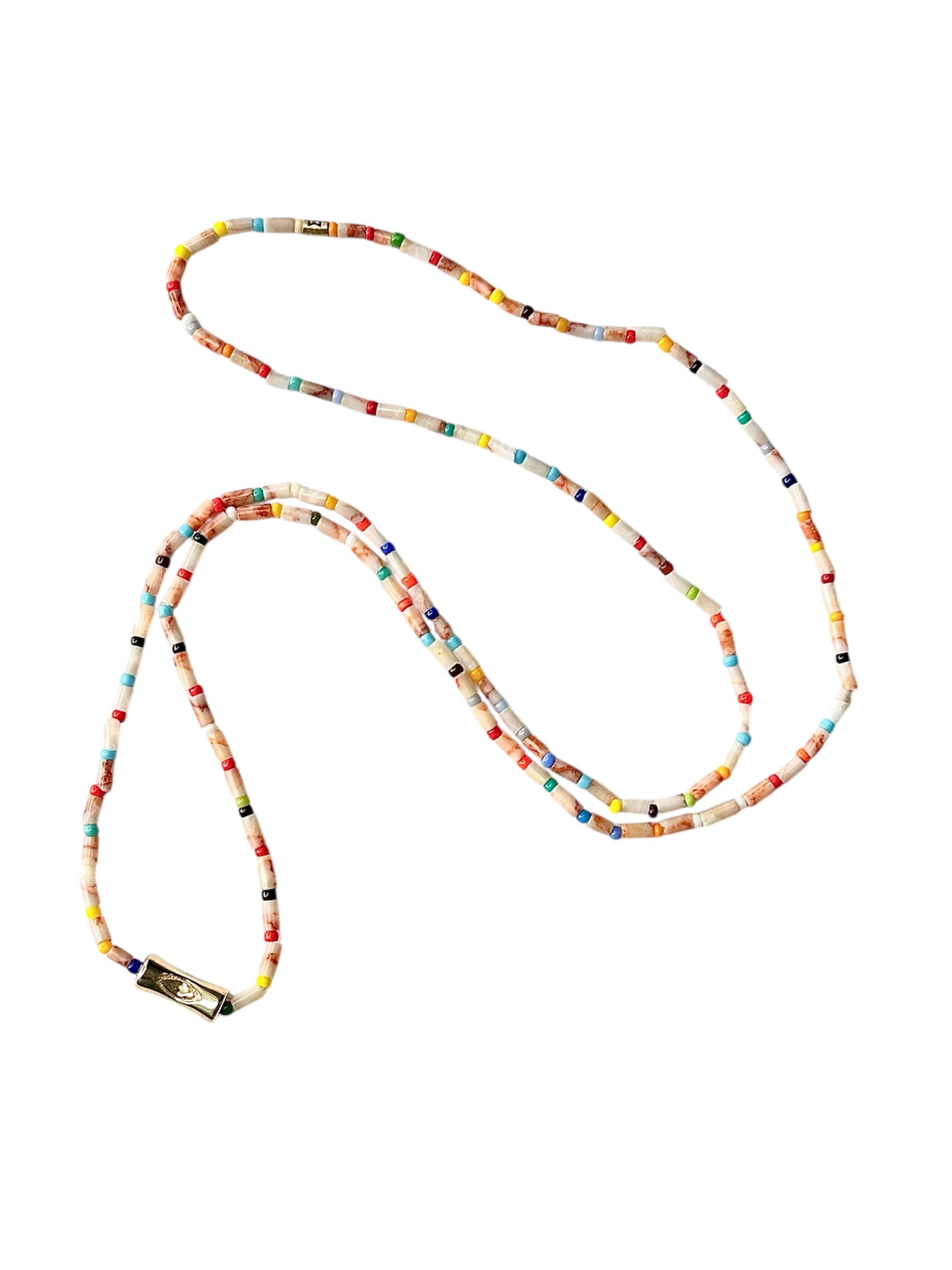 Luis Morais 14k yellow gold sheath bead with evil eye on a picasso jasper and rainbow glass bead necklace