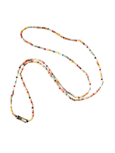 Luis Morais 14k yellow gold sheath bead with evil eye on a picasso jasper and rainbow glass bead necklace