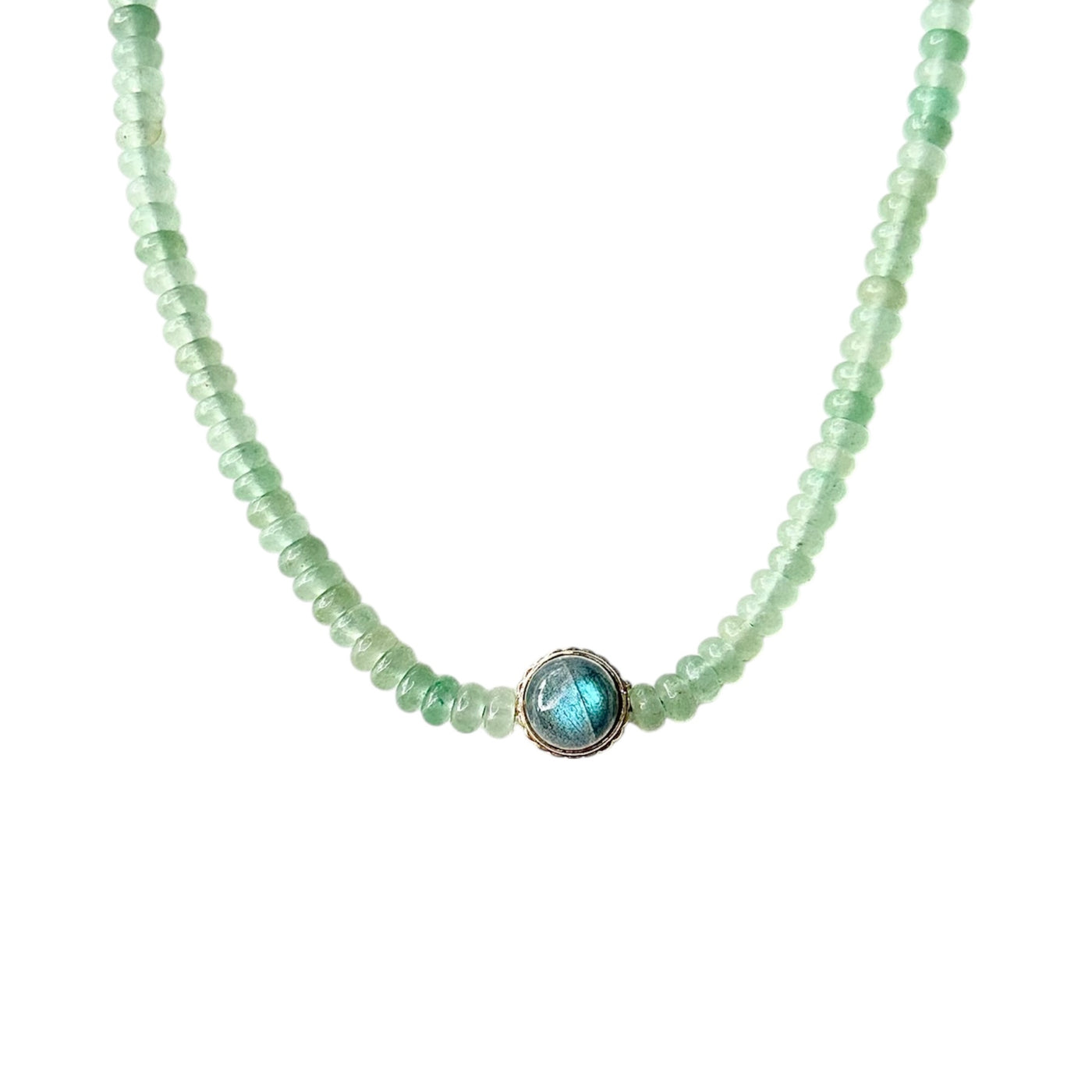 Luis Morais 14k yellow gold ribbed collar beaded necklace with green aventurine, cabochon malachite, and cabochon labradorite.