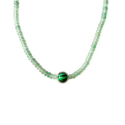 Luis Morais 14k yellow gold ribbed collar beaded necklace with green aventurine, cabochon malachite, and cabochon labradorite.