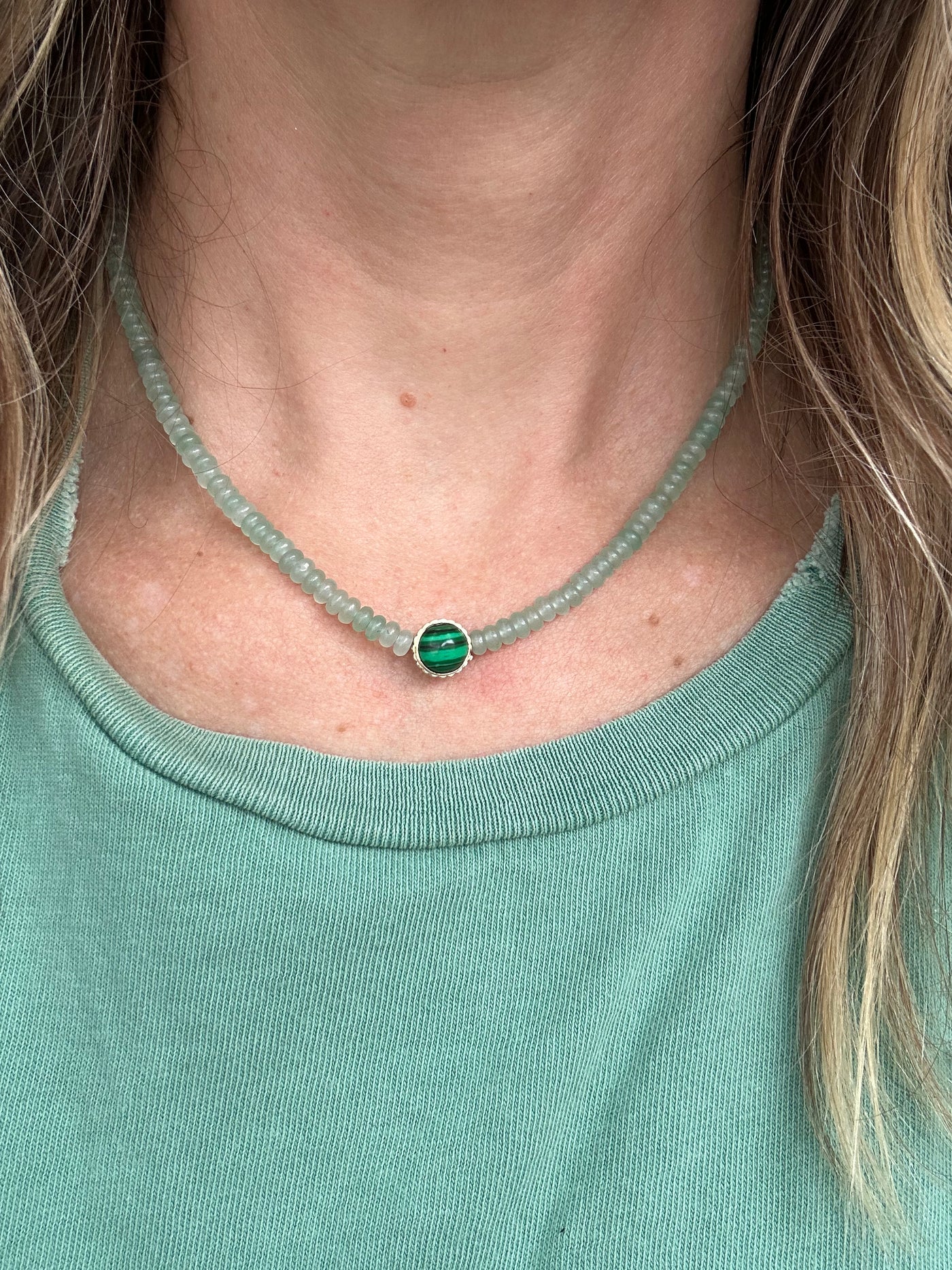 Luis Morais 14k yellow gold ribbed collar beaded necklace with green aventurine, cabochon malachite, and cabochon labradorite.
