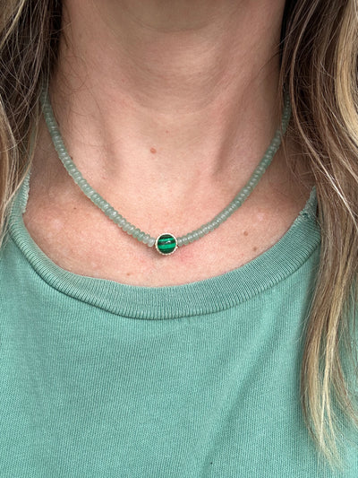 Luis Morais 14k yellow gold ribbed collar beaded necklace with green aventurine, cabochon malachite, and cabochon labradorite.