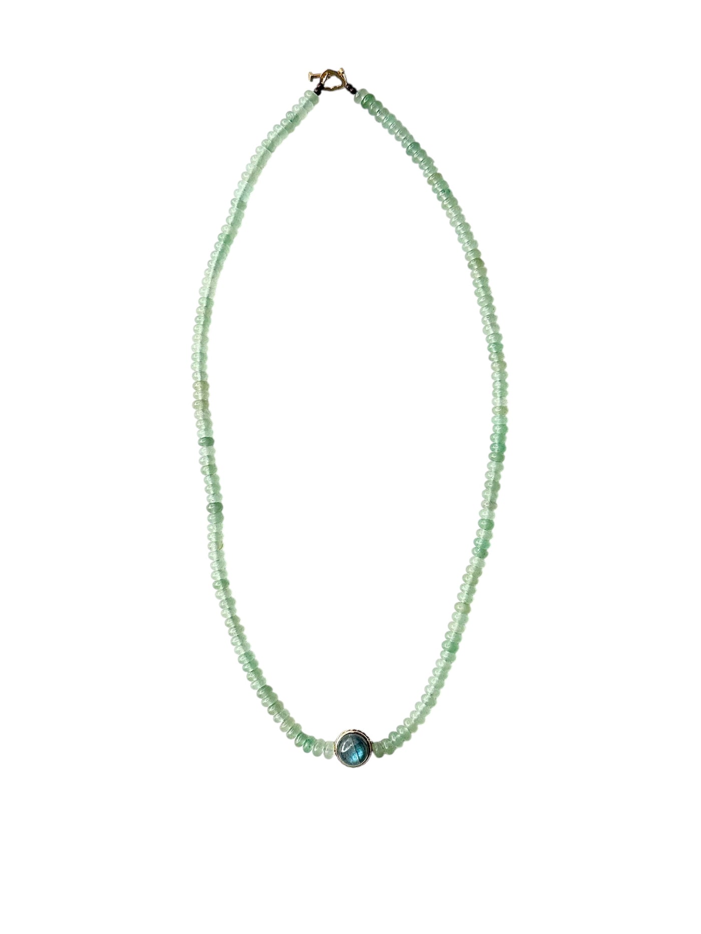 Luis Morais 14k yellow gold ribbed collar beaded necklace with green aventurine, cabochon malachite, and cabochon labradorite.