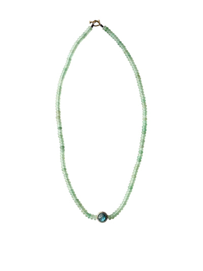Luis Morais 14k yellow gold ribbed collar beaded necklace with green aventurine, cabochon malachite, and cabochon labradorite.