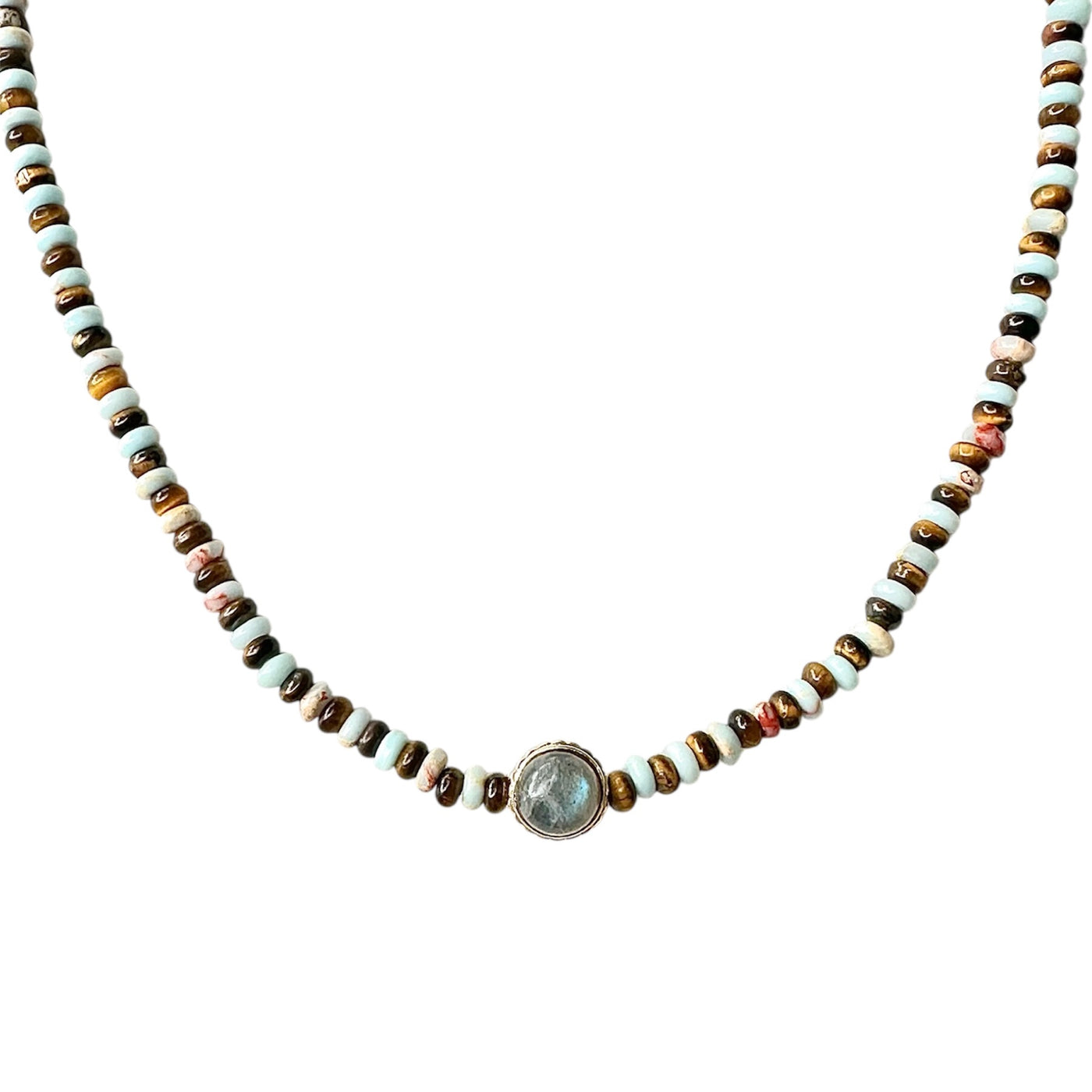 Luis Morais 14k yellow gold ribbed collar gemstone necklace with snakeskin jasper, tigers eye, cabochon labradorite and cabochon tigers eye