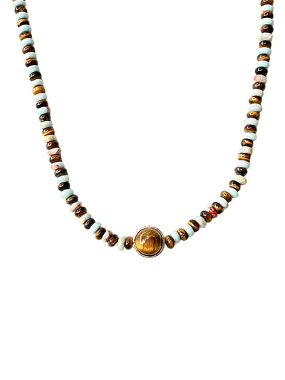 Luis Morais 14k yellow gold ribbed collar gemstone necklace with snakeskin jasper, tigers eye, cabochon labradorite and cabochon tigers eye