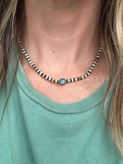 Luis Morais 14k yellow gold ribbed collar gemstone necklace with snakeskin jasper, tigers eye, cabochon labradorite and cabochon tigers eye