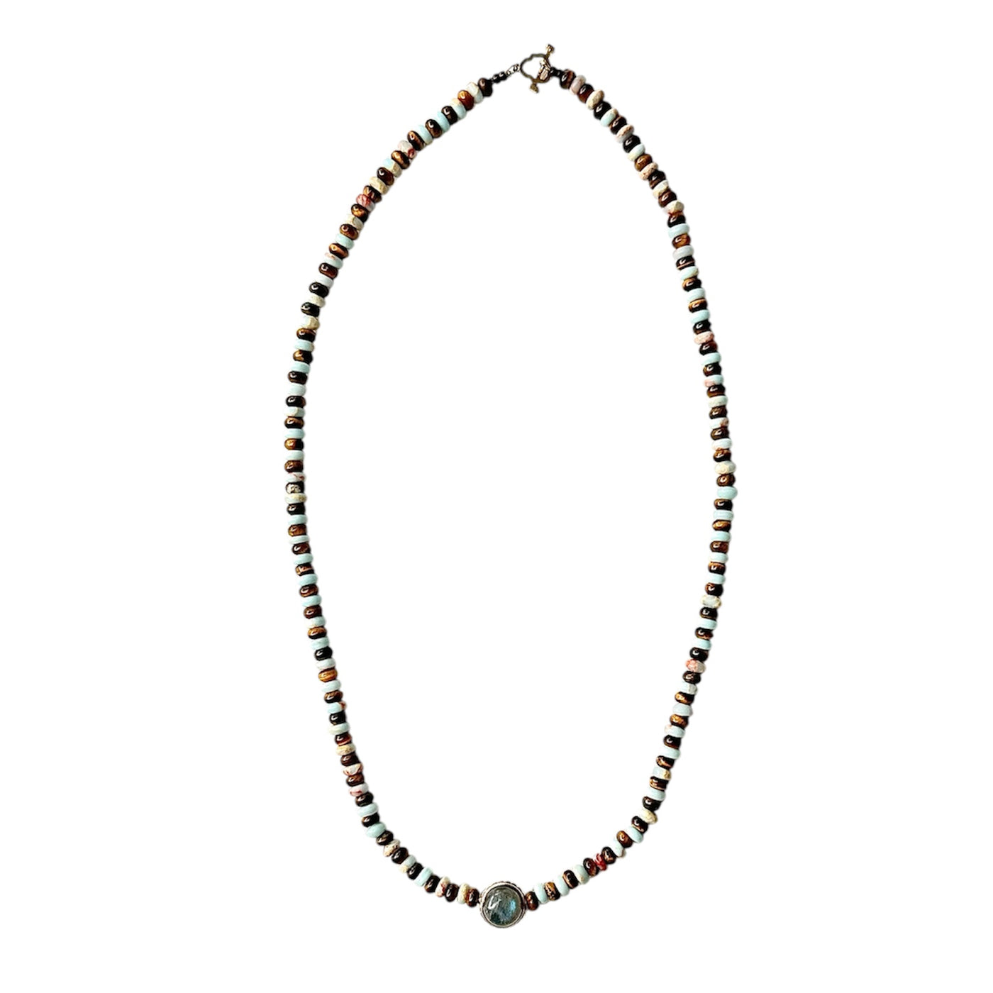 Luis Morais 14k yellow gold ribbed collar gemstone necklace with snakeskin jasper, tigers eye, cabochon labradorite and cabochon tigers eye