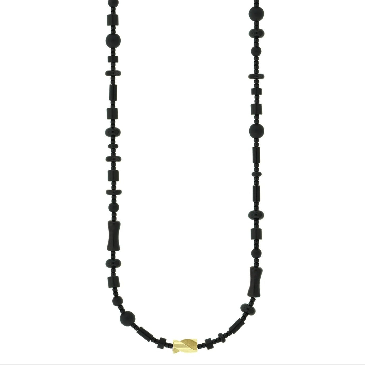 Luis Morais 14k yellow gold short drill bit bead on a black agate beaded necklace
