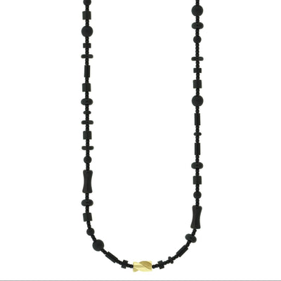 Luis Morais 14k yellow gold short drill bit bead on a black agate beaded necklace
