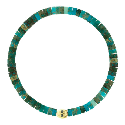 Luis Morais 14k yellow gold skull with black diamond eyes, on beaded imperial turquoise bracelet
