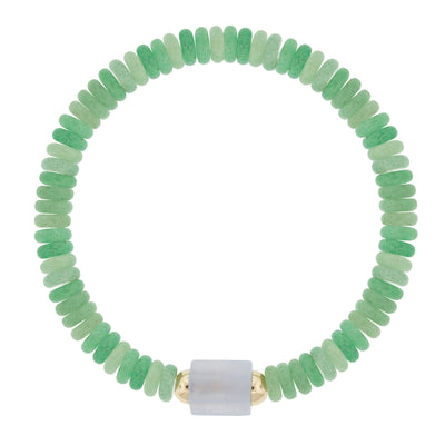 Luis Morais 14k yellow gold stretchy blue chalcedony beaded bracelet with green chrysoprase.