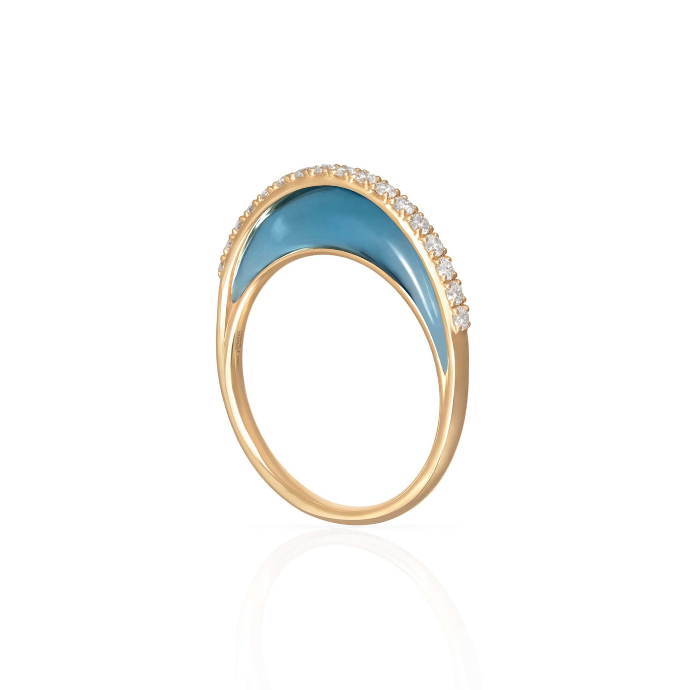L'Atelier Nawbar 18k yellow gold Bloop Moon ring with white diamonds and blue enamel, size 7
