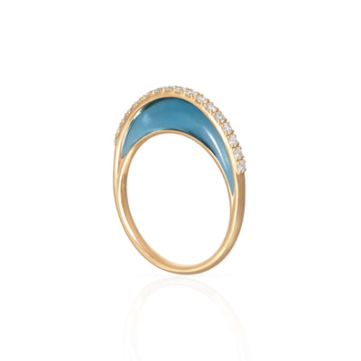 L'Atelier Nawbar 18k yellow gold Bloop Moon ring with white diamonds and blue enamel, size 7