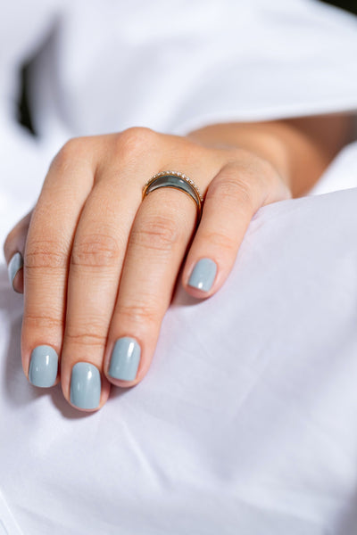 L'Atelier Nawbar 18k yellow gold Bloop Moon ring with white diamonds and blue enamel, size 7