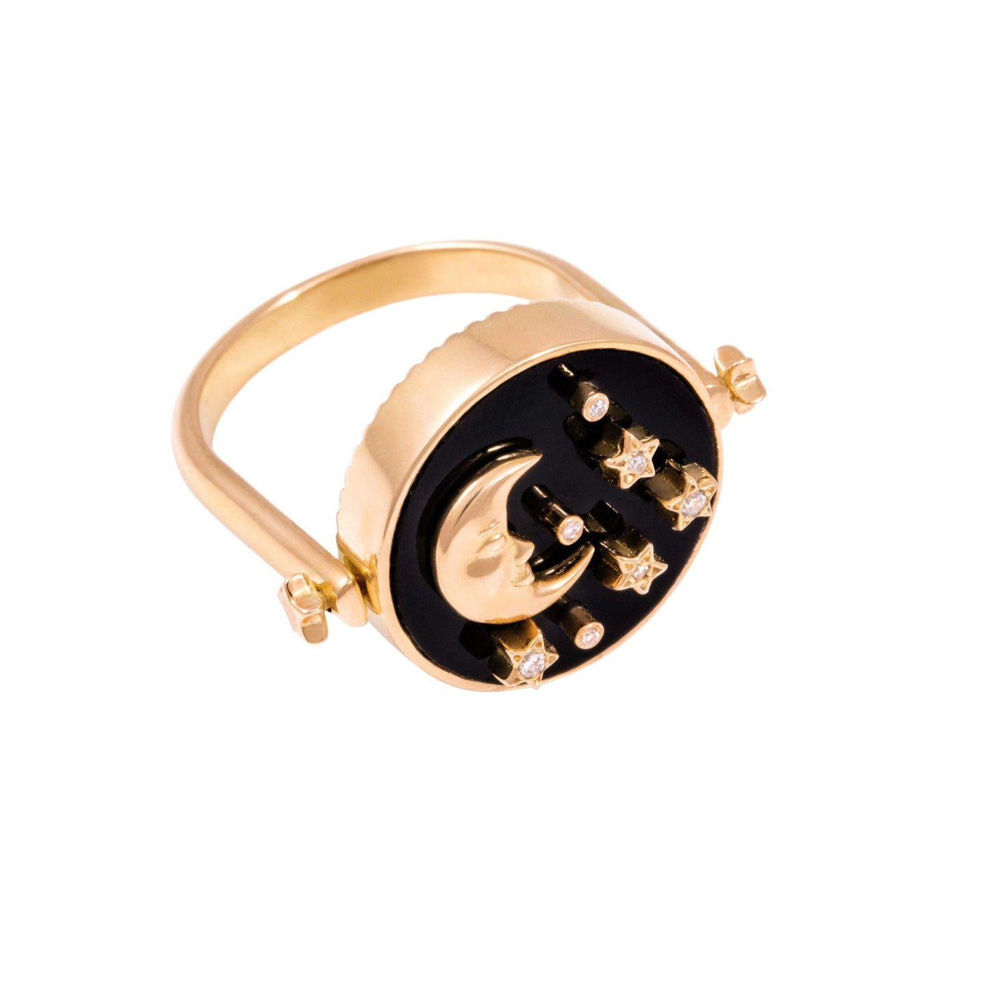 L'Atelier Nawbar 18k yellow gold 3-in-1 Day and Night ring with black onyx, mother of pearl, and white diamonds. Can also be a pendant