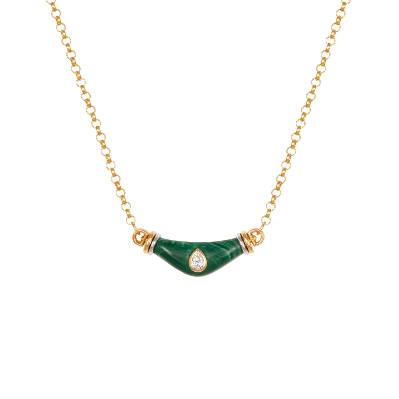 L'Atelier Nawbar 18k yellow gold necklace with carved malachite and a pear shaped white diamond