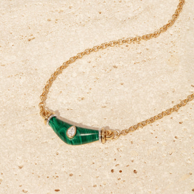 L'Atelier Nawbar 18k yellow gold necklace with carved malachite and a pear shaped white diamond