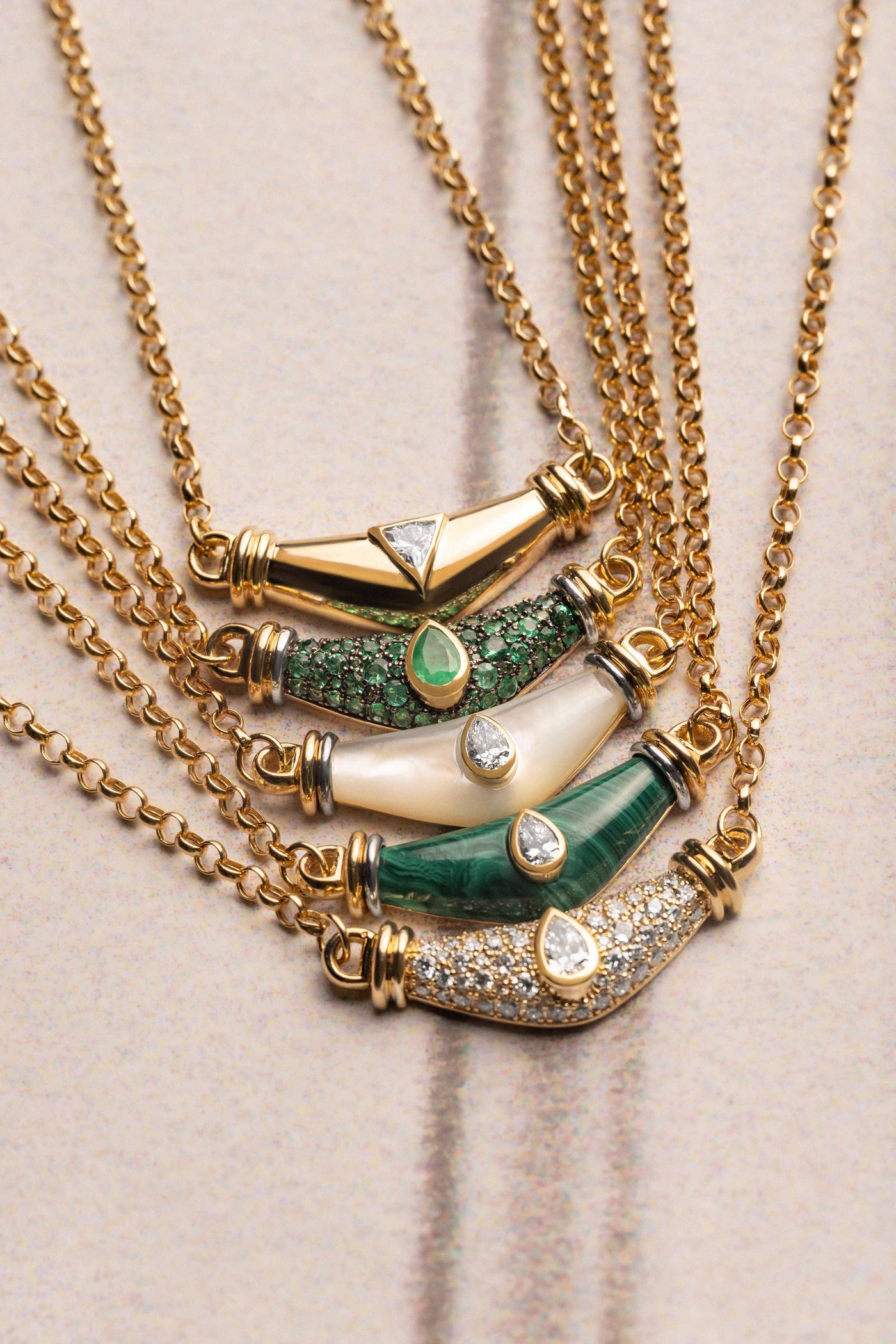 L'Atelier Nawbar 18k yellow gold necklace with carved malachite and a pear shaped white diamond