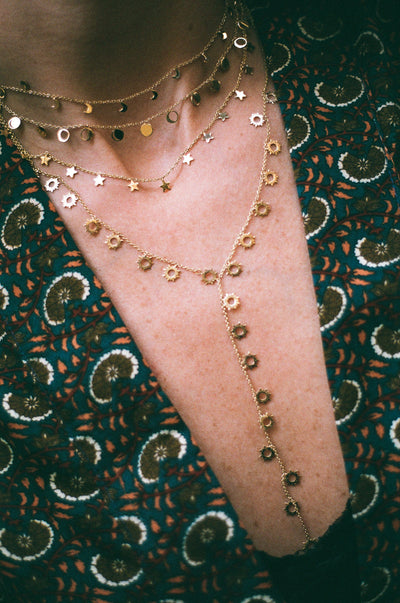 L'Atelier Nawbar 18k yellow gold moon circulation choker with different phases of the moon.