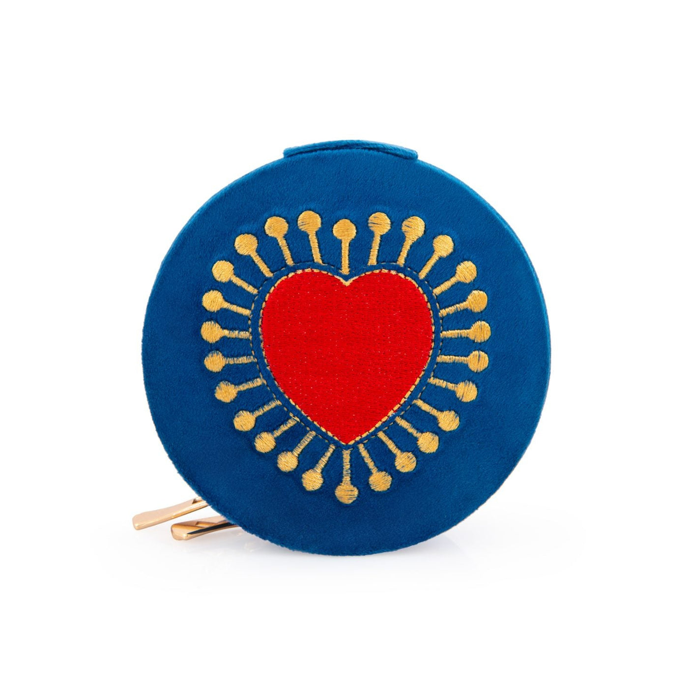 L'Atelier Nawbar velvet zipper jewelry box with embroidered sacred heart, berry blue