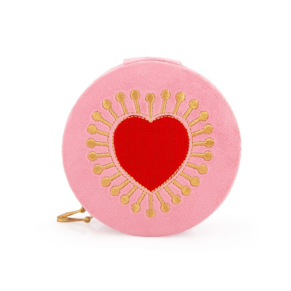 L'Atelier Nawbar velvet zipper jewelry box with embroidered sacred heart, bubblegum pink