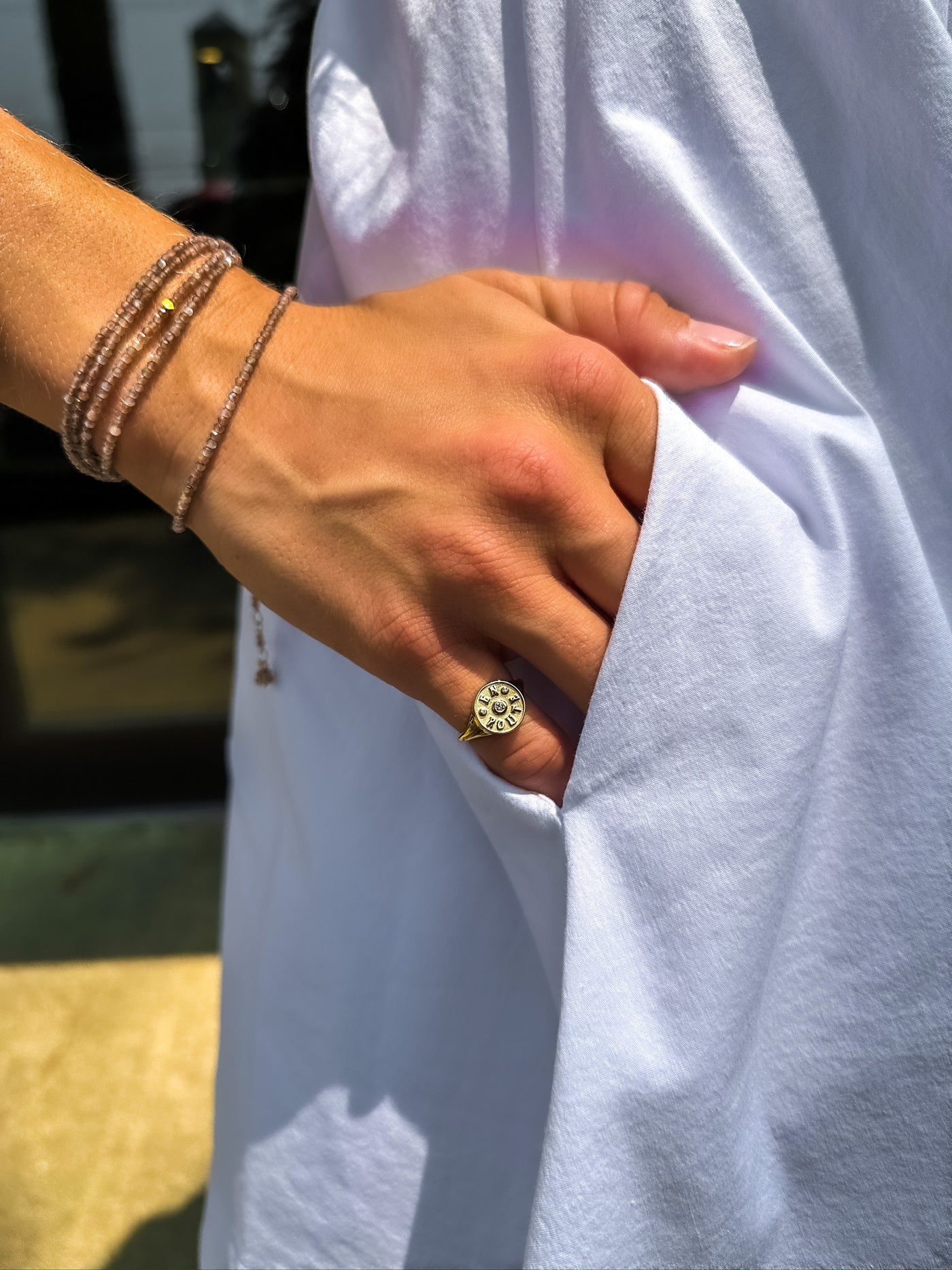 Marlo Laz 14-karat yellow gold diamond signet pinky ring. 'En Route' inscription to symbolizing the journey, travel, and self discovery