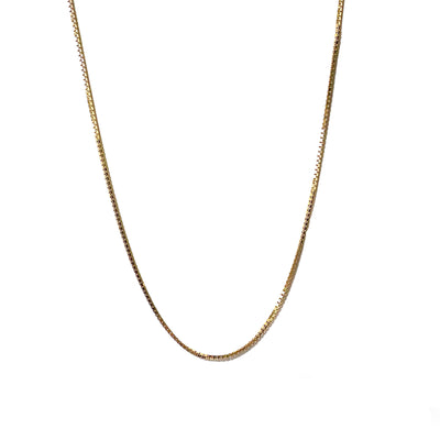 Marlo Laz 14K Yellow Gold box chain with four sides, a flat-squared shape, straight edges, and a polished surface.