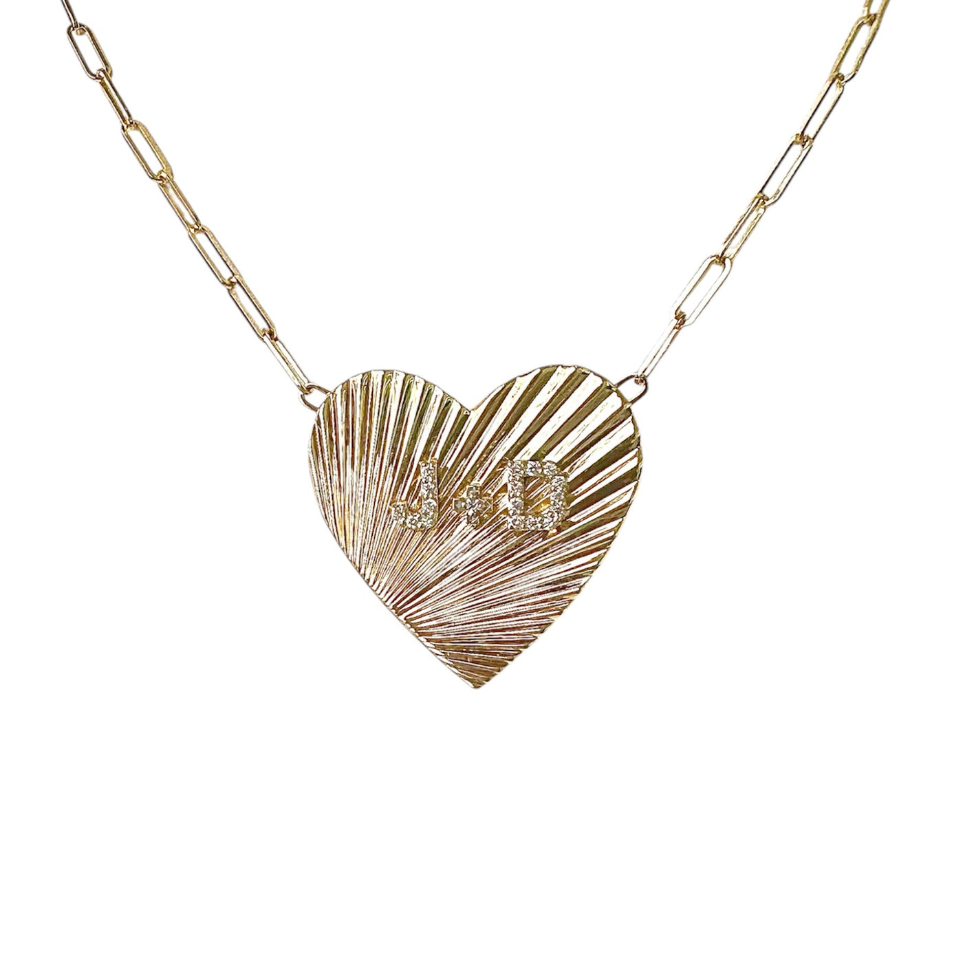 18" paperclip chain, 14k yellow gold Love Necklace. Fluted heart pendant with raised 'J+D', or custom order with your choice of personalized initials